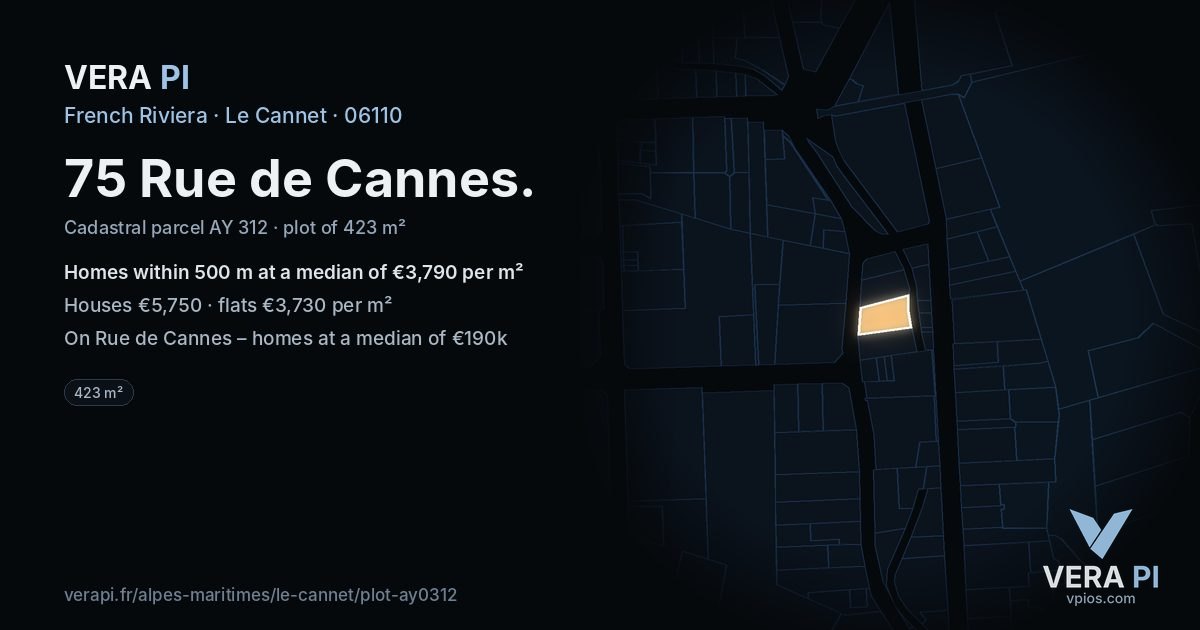 75 Rue de Cannes, Le Cannet at night – the plot lit, the parcels around coloured by the prices near them