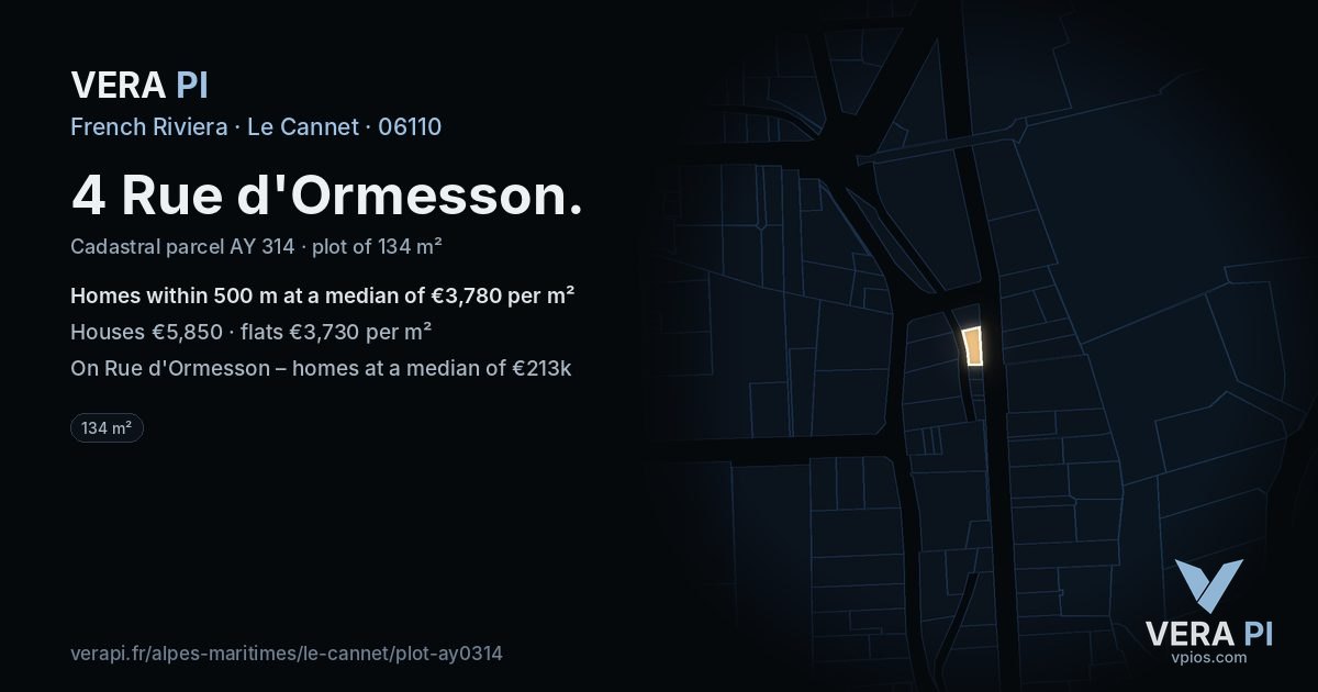 4 Rue d'Ormesson, Le Cannet at night – the plot lit, the parcels around coloured by the prices near them