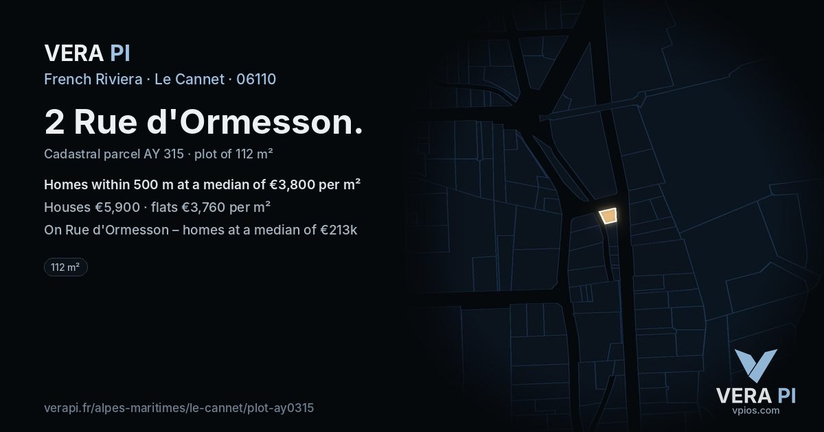 2 Rue d'Ormesson, Le Cannet at night – the plot lit, the parcels around coloured by the prices near them