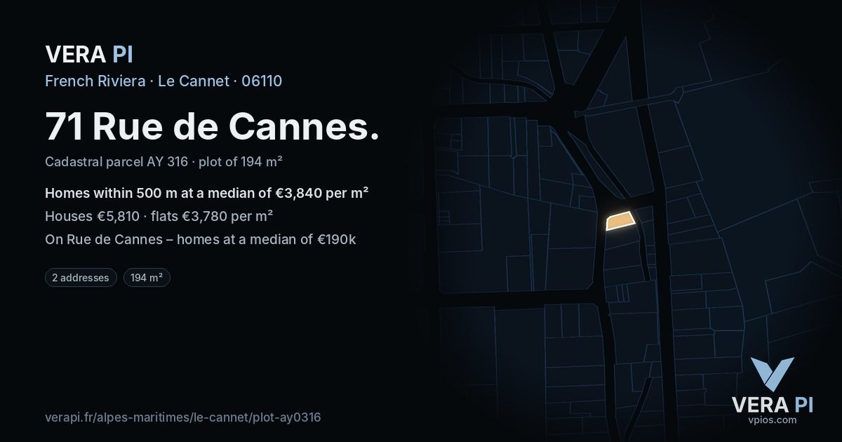 71 Rue de Cannes, Le Cannet at night – the plot lit, the parcels around coloured by the prices near them