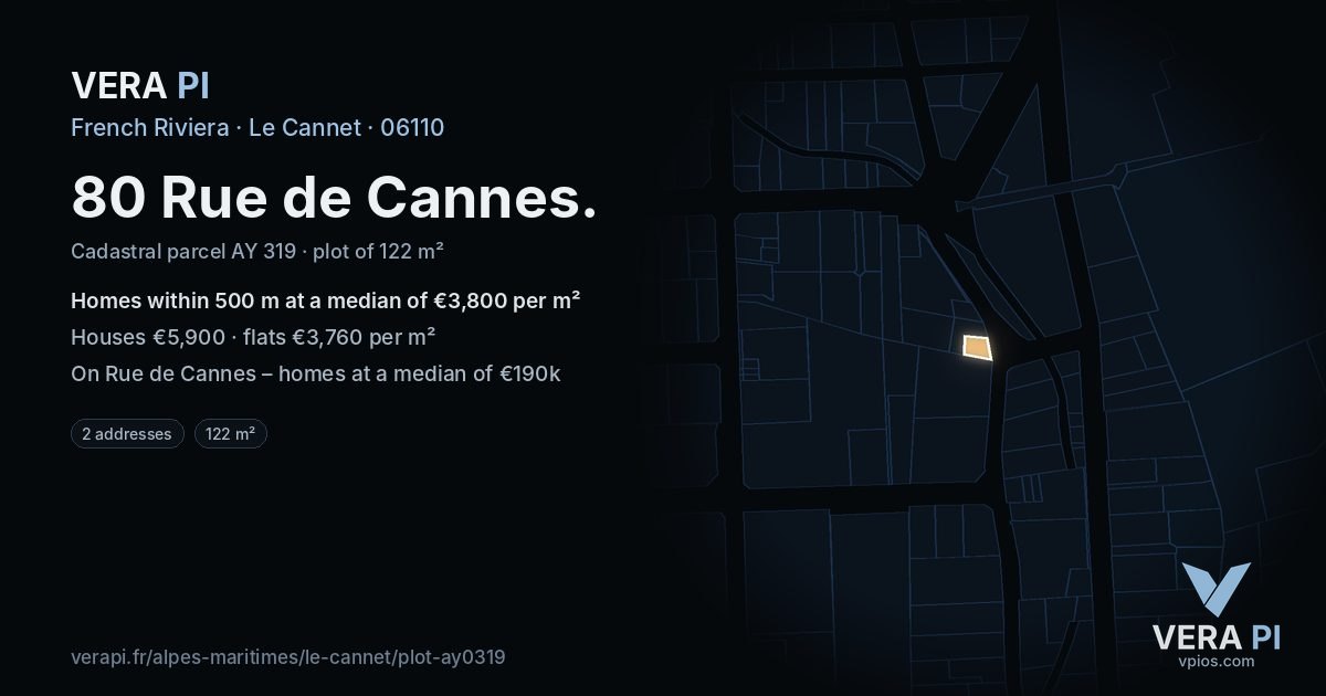 80 Rue de Cannes, Le Cannet at night – the plot lit, the parcels around coloured by the prices near them