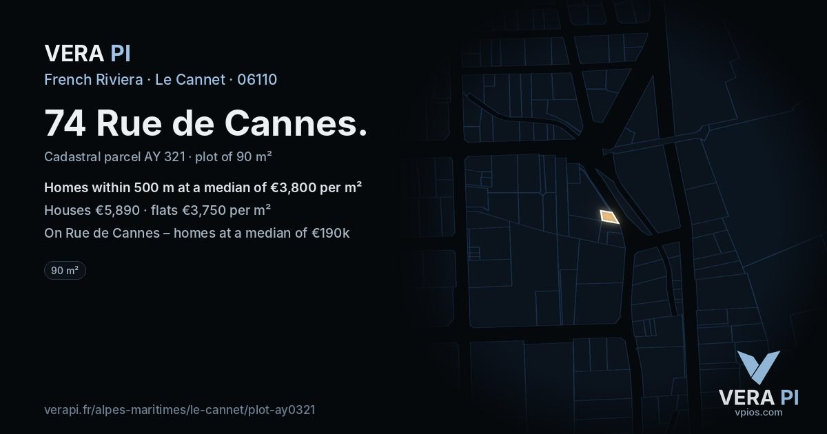 74 Rue de Cannes, Le Cannet at night – the plot lit, the parcels around coloured by the prices near them