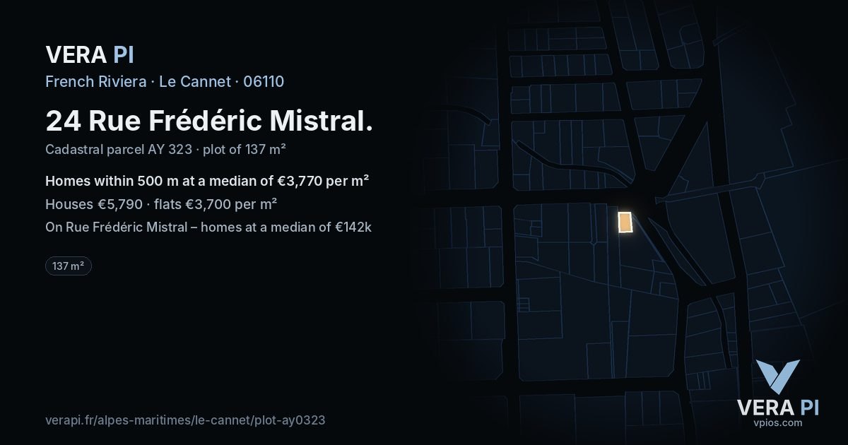24 Rue Frédéric Mistral, Le Cannet at night – the plot lit, the parcels around coloured by the prices near them