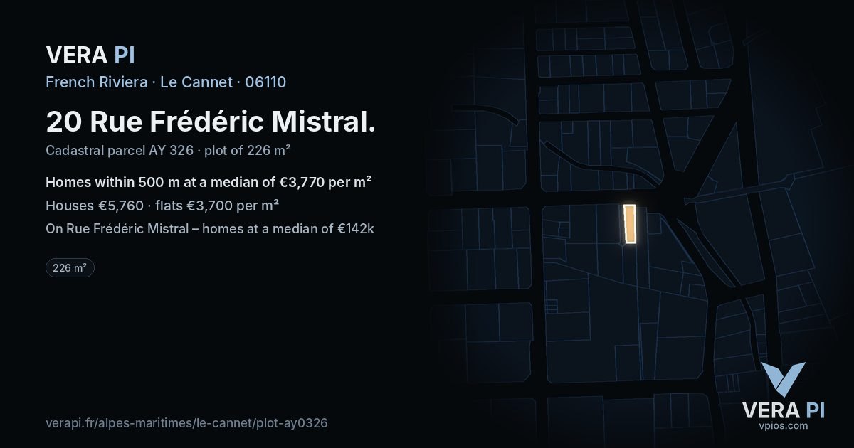 20 Rue Frédéric Mistral, Le Cannet at night – the plot lit, the parcels around coloured by the prices near them