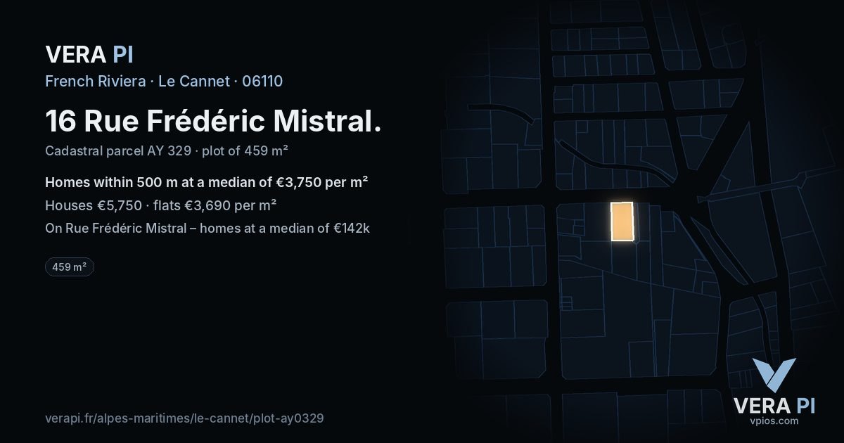 16 Rue Frédéric Mistral, Le Cannet at night – the plot lit, the parcels around coloured by the prices near them