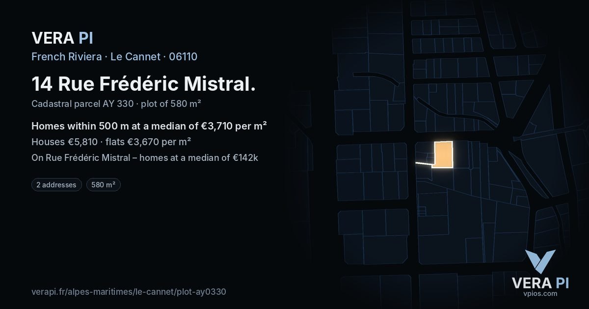 14 Rue Frédéric Mistral, Le Cannet at night – the plot lit, the parcels around coloured by the prices near them