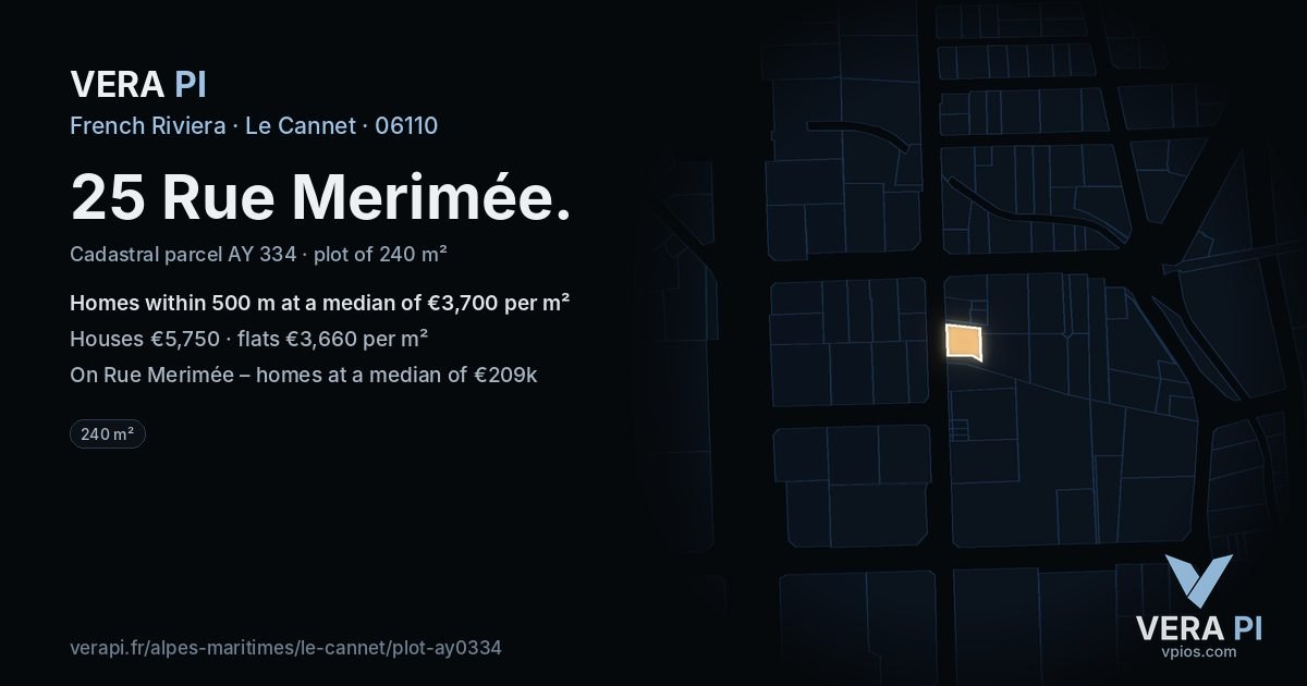 25 Rue Merimée, Le Cannet at night – the plot lit, the parcels around coloured by the prices near them