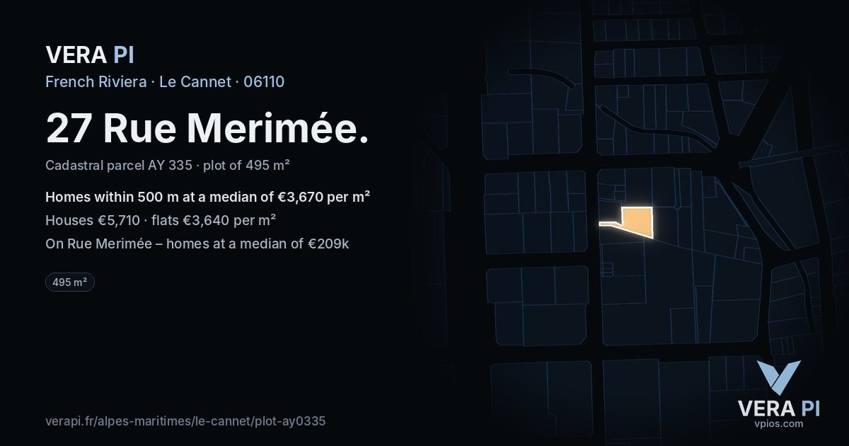 27 Rue Merimée, Le Cannet at night – the plot lit, the parcels around coloured by the prices near them