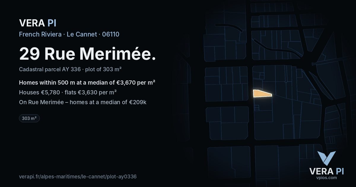 29 Rue Merimée, Le Cannet at night – the plot lit, the parcels around coloured by the prices near them