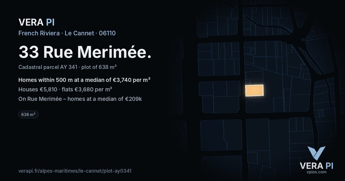33 Rue Merimée, Le Cannet at night – the plot lit, the parcels around coloured by the prices near them