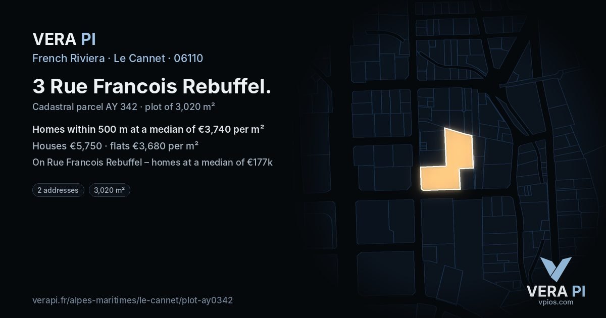 3 Rue Francois Rebuffel, Le Cannet at night – the plot lit, the parcels around coloured by the prices near them