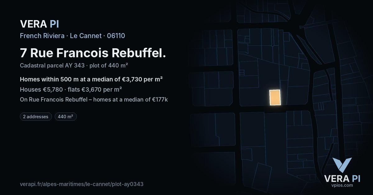 7 Rue Francois Rebuffel, Le Cannet at night – the plot lit, the parcels around coloured by the prices near them
