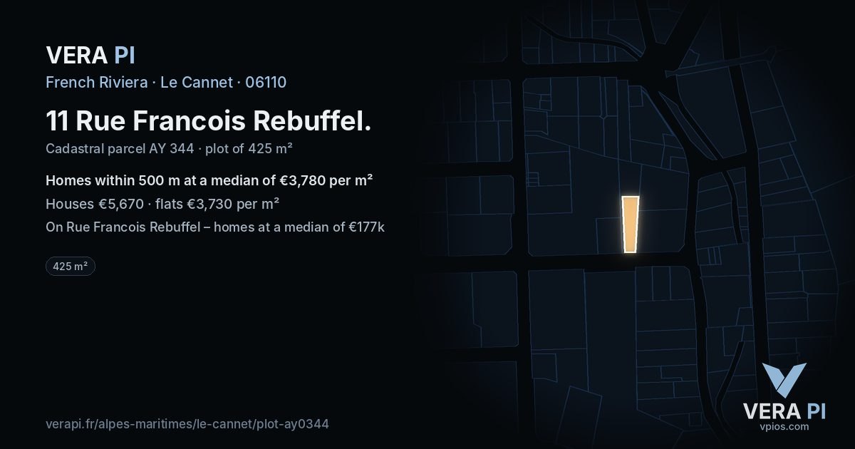 11 Rue Francois Rebuffel, Le Cannet at night – the plot lit, the parcels around coloured by the prices near them