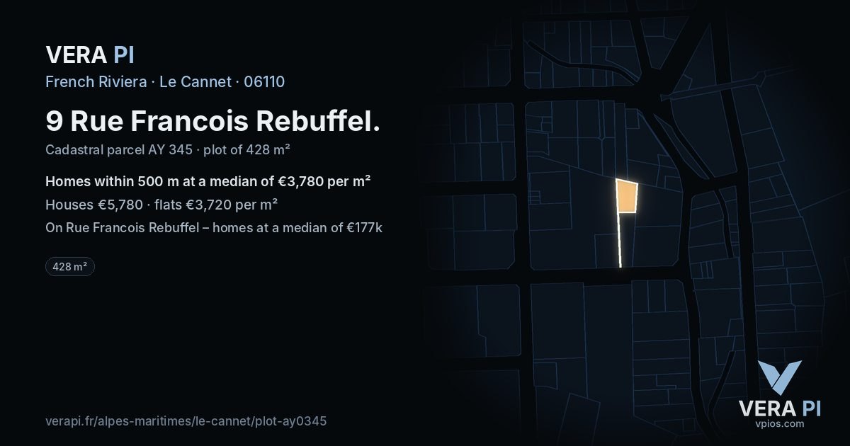 9 Rue Francois Rebuffel, Le Cannet at night – the plot lit, the parcels around coloured by the prices near them