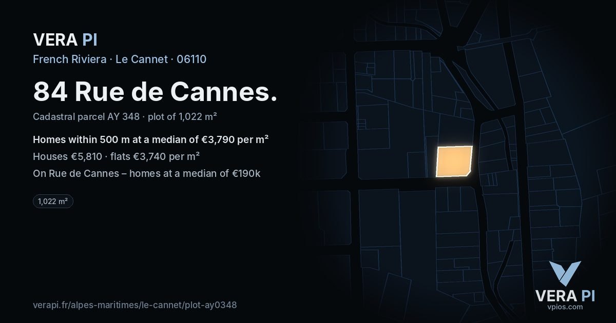 84 Rue de Cannes, Le Cannet at night – the plot lit, the parcels around coloured by the prices near them