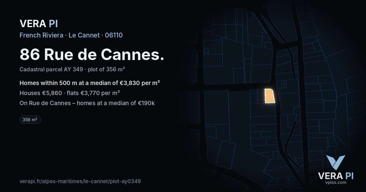 86 Rue de Cannes, Le Cannet at night – the plot lit, the parcels around coloured by the prices near them