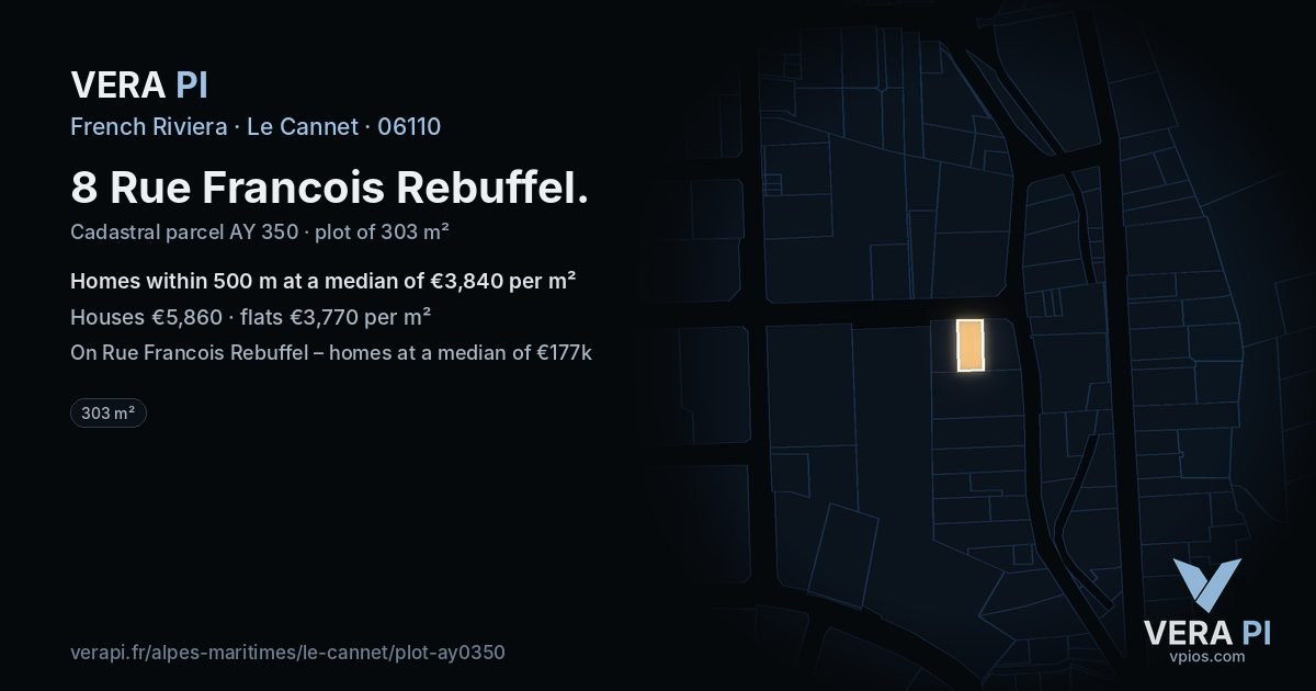 8 Rue Francois Rebuffel, Le Cannet at night – the plot lit, the parcels around coloured by the prices near them