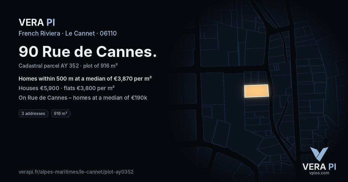 90 Rue de Cannes, Le Cannet at night – the plot lit, the parcels around coloured by the prices near them