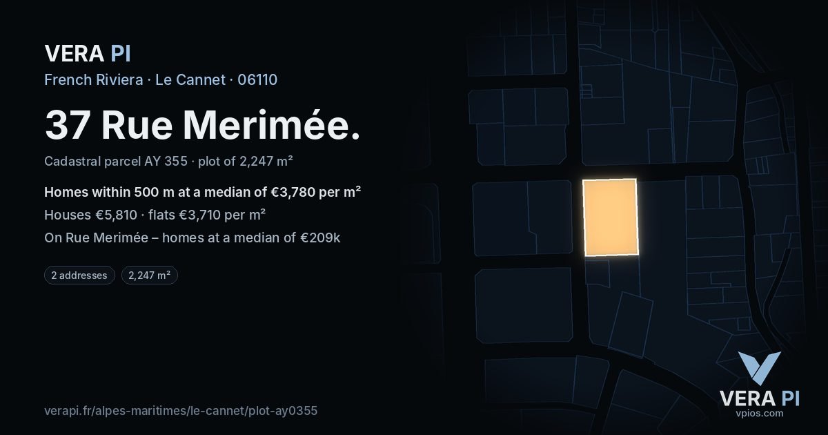 37 Rue Merimée, Le Cannet at night – the plot lit, the parcels around coloured by the prices near them