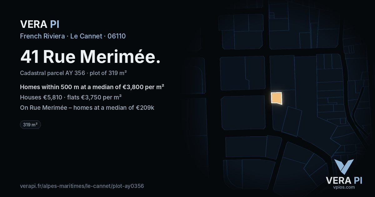 41 Rue Merimée, Le Cannet at night – the plot lit, the parcels around coloured by the prices near them