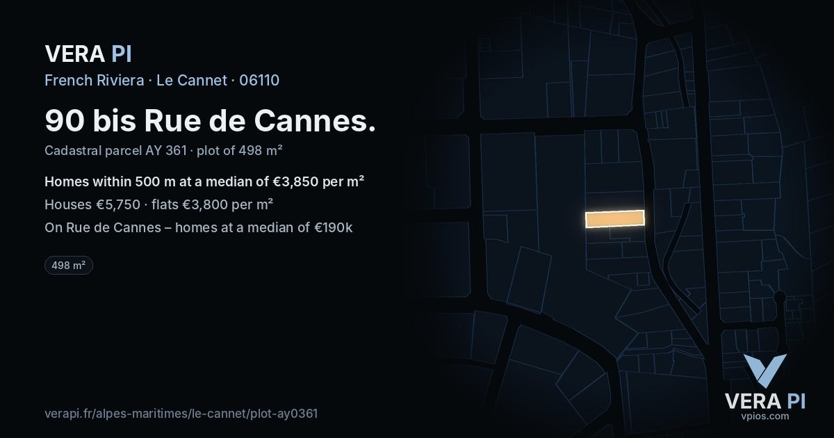 90 bis Rue de Cannes, Le Cannet at night – the plot lit, the parcels around coloured by the prices near them
