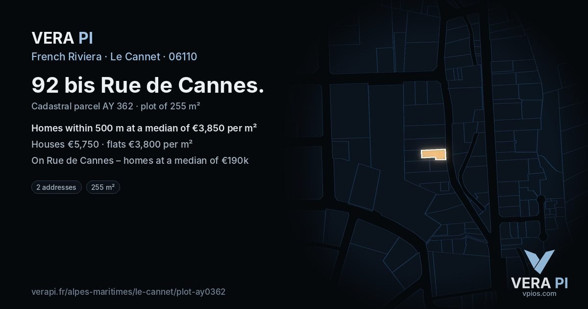 92 bis Rue de Cannes, Le Cannet at night – the plot lit, the parcels around coloured by the prices near them