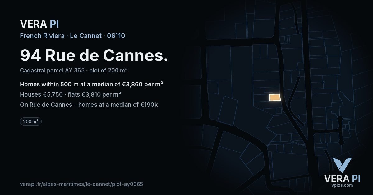 94 Rue de Cannes, Le Cannet at night – the plot lit, the parcels around coloured by the prices near them