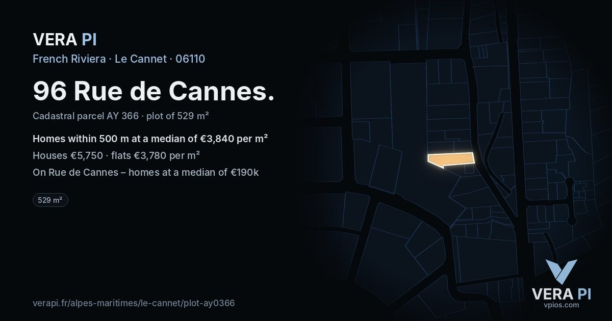 96 Rue de Cannes, Le Cannet at night – the plot lit, the parcels around coloured by the prices near them
