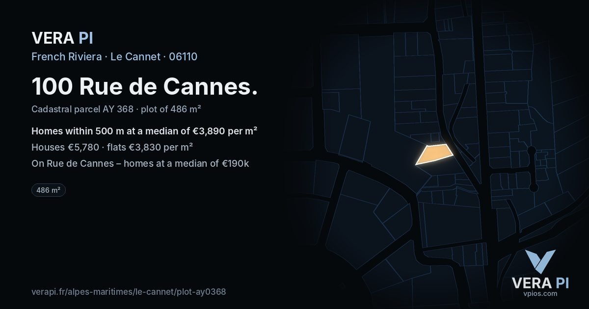 100 Rue de Cannes, Le Cannet at night – the plot lit, the parcels around coloured by the prices near them