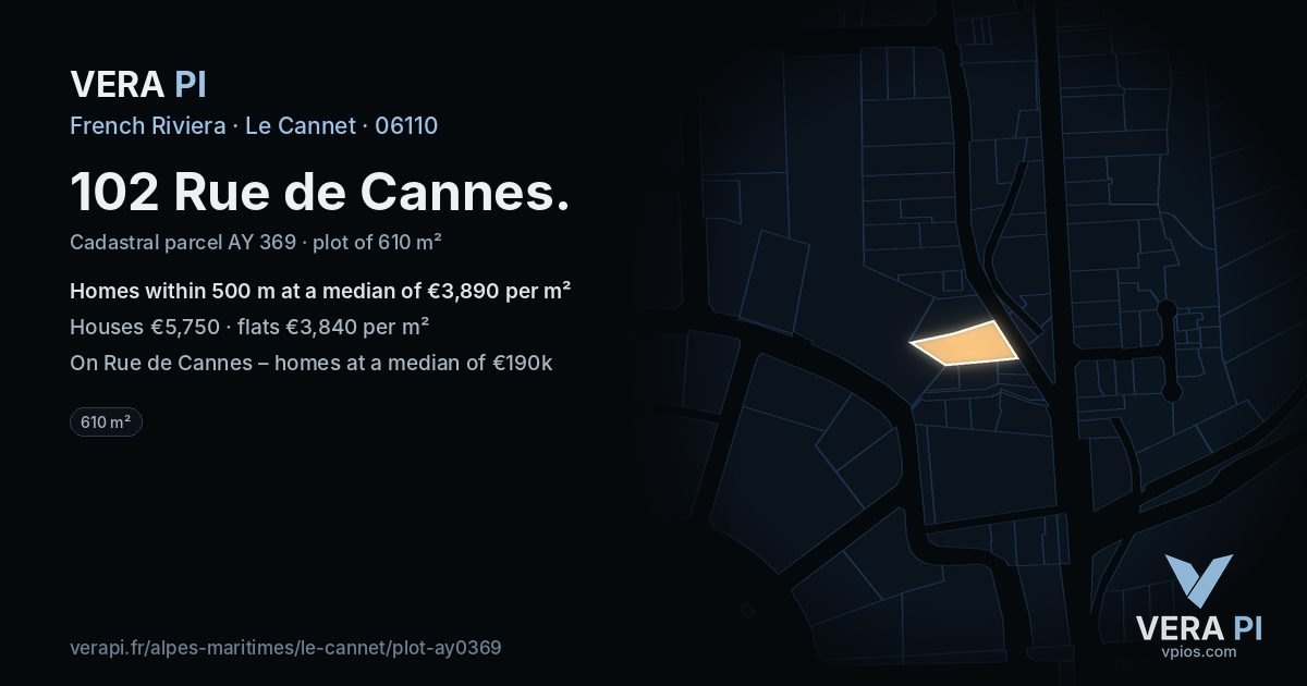 102 Rue de Cannes, Le Cannet at night – the plot lit, the parcels around coloured by the prices near them