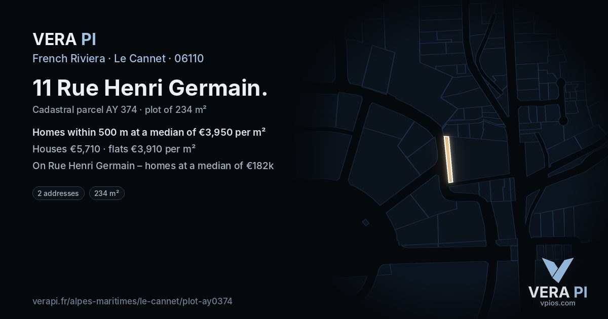 11 Rue Henri Germain, Le Cannet at night – the plot lit, the parcels around coloured by the prices near them