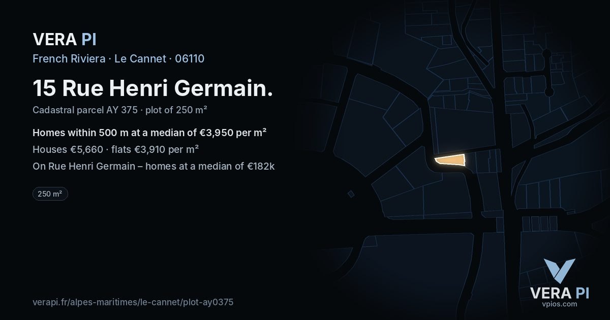 15 Rue Henri Germain, Le Cannet at night – the plot lit, the parcels around coloured by the prices near them