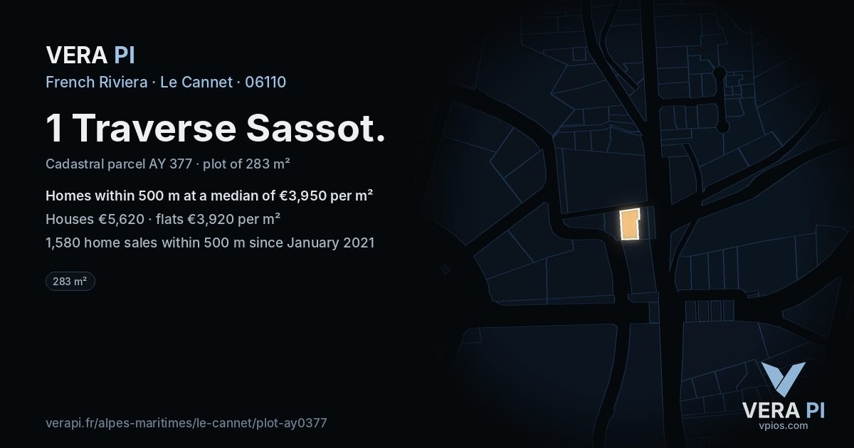 1 Traverse Sassot, Le Cannet at night – the plot lit, the parcels around coloured by the prices near them