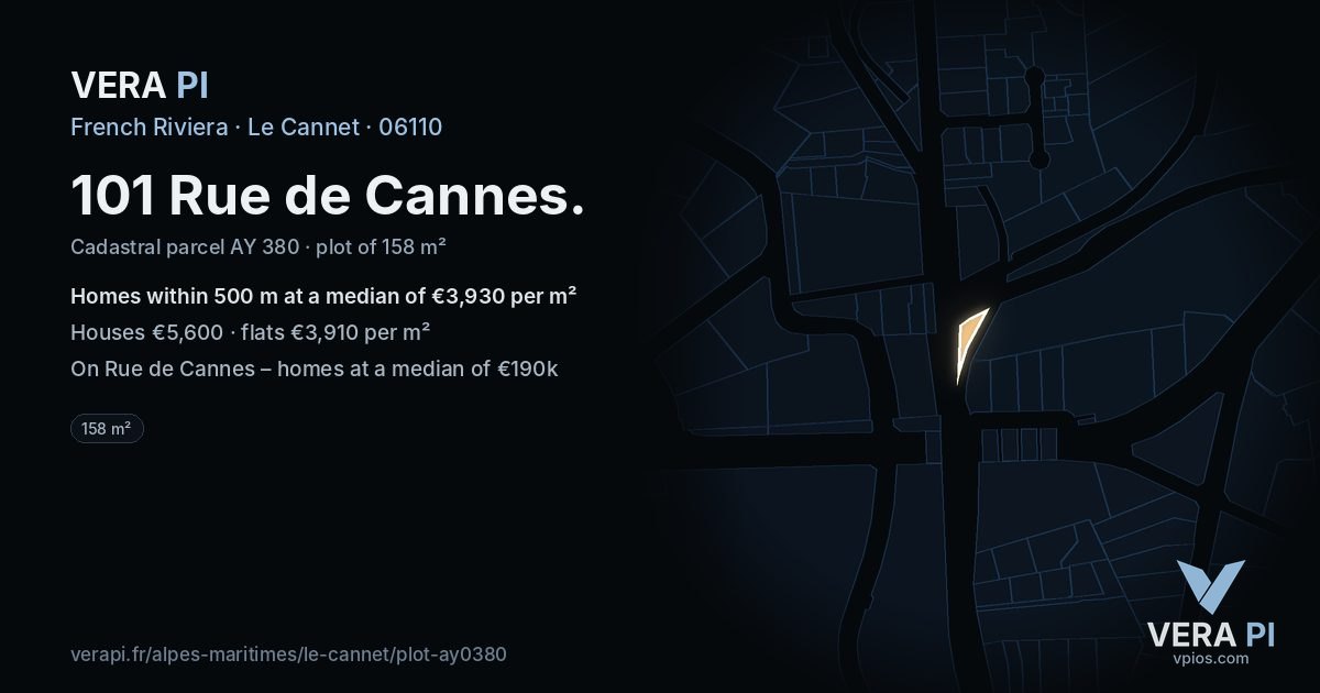 101 Rue de Cannes, Le Cannet at night – the plot lit, the parcels around coloured by the prices near them