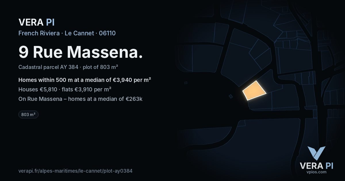9 Rue Massena, Le Cannet at night – the plot lit, the parcels around coloured by the prices near them