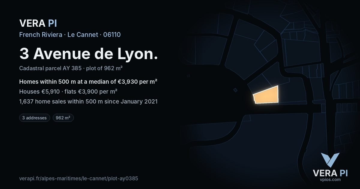 3 Avenue de Lyon, Le Cannet at night – the plot lit, the parcels around coloured by the prices near them