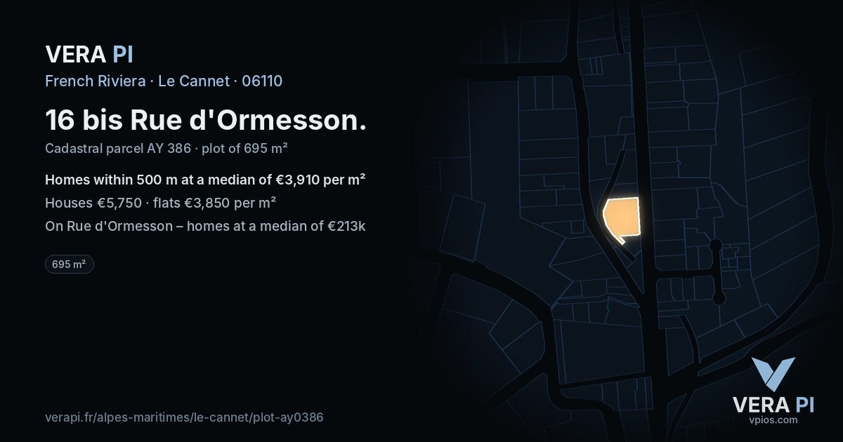 16 bis Rue d'Ormesson, Le Cannet at night – the plot lit, the parcels around coloured by the prices near them