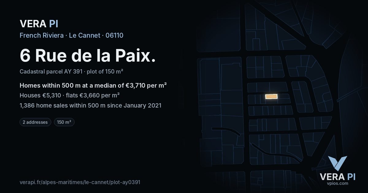6 Rue de la Paix, Le Cannet at night – the plot lit, the parcels around coloured by the prices near them