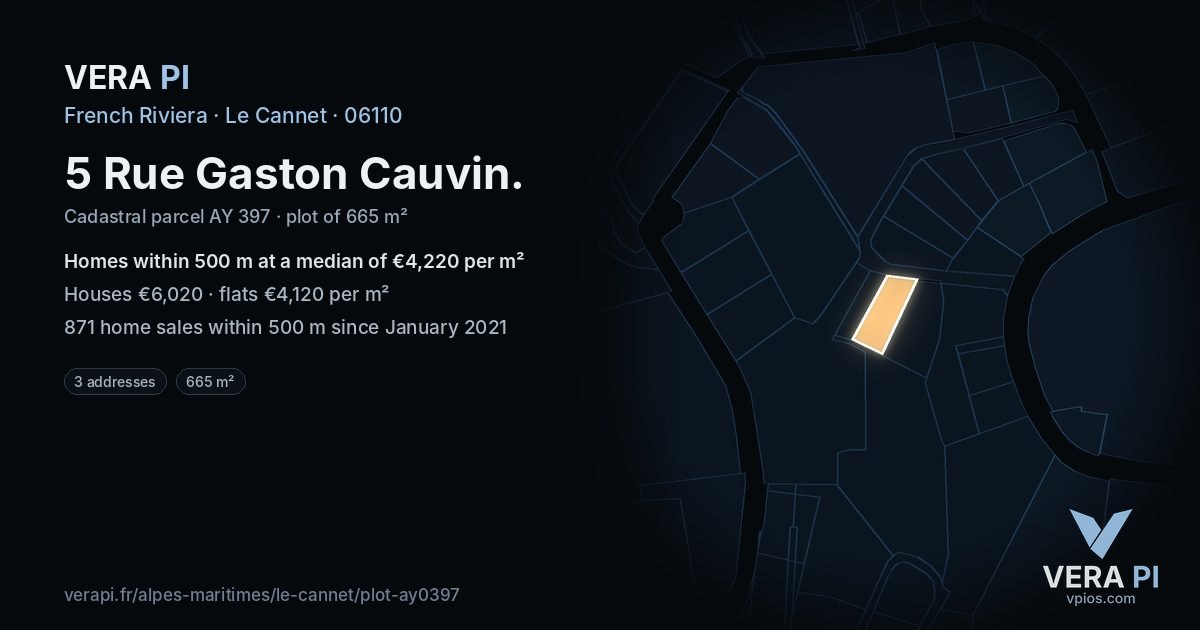 5 Rue Gaston Cauvin, Le Cannet at night – the plot lit, the parcels around coloured by the prices near them