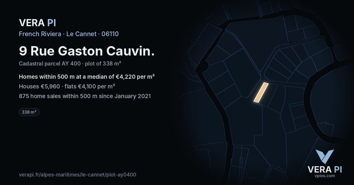 9 Rue Gaston Cauvin, Le Cannet at night – the plot lit, the parcels around coloured by the prices near them