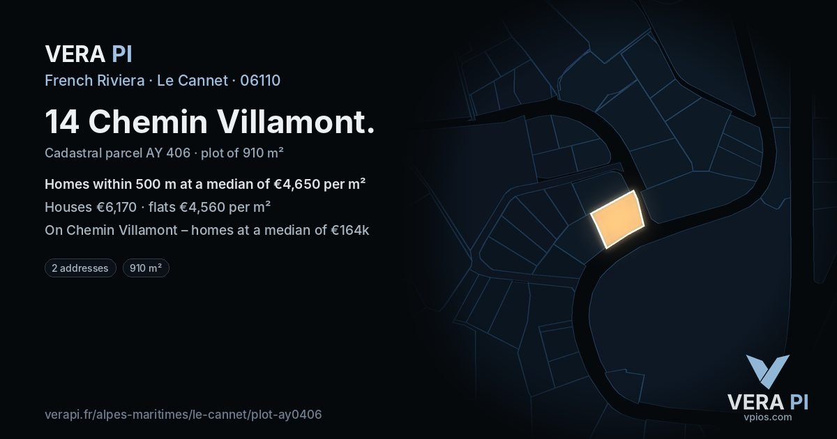 14 Chemin Villamont, Le Cannet at night – the plot lit, the parcels around coloured by the prices near them