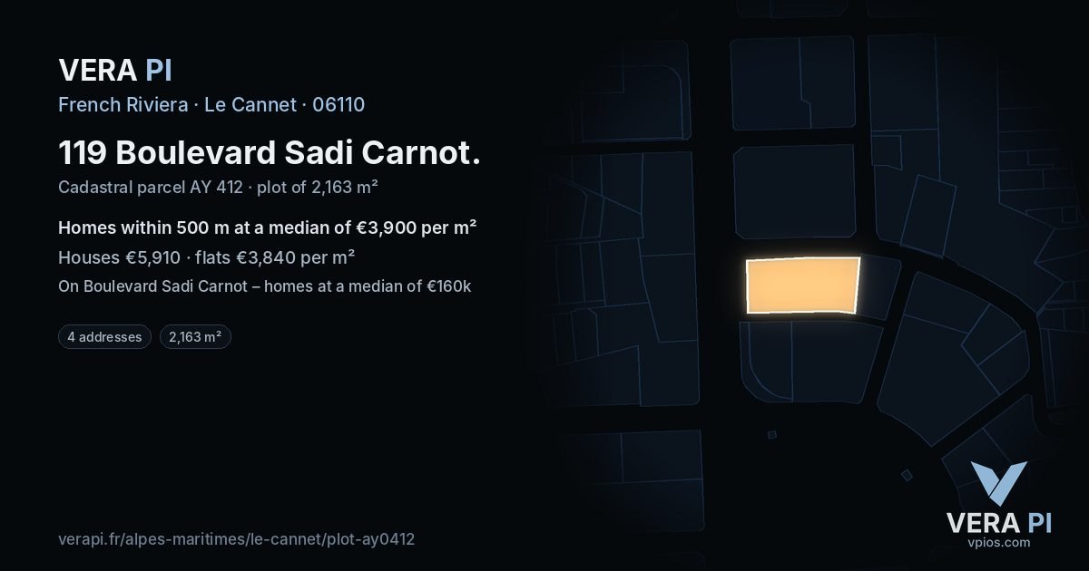 119 Boulevard Sadi Carnot, Le Cannet at night – the plot lit, the parcels around coloured by the prices near them