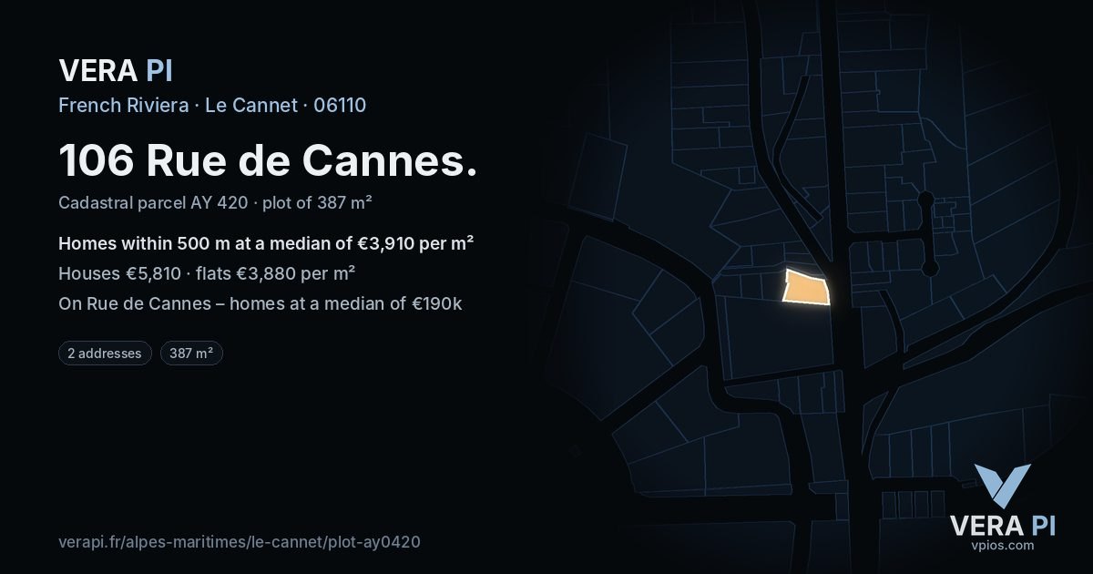 106 Rue de Cannes, Le Cannet at night – the plot lit, the parcels around coloured by the prices near them
