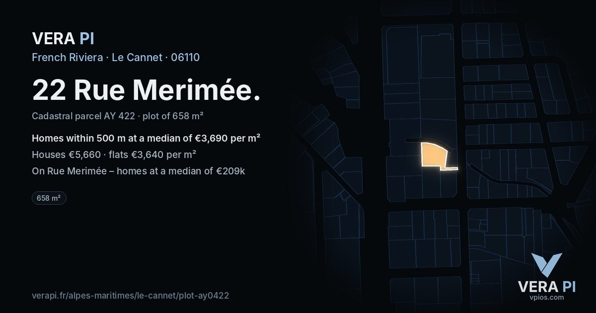 22 Rue Merimée, Le Cannet at night – the plot lit, the parcels around coloured by the prices near them