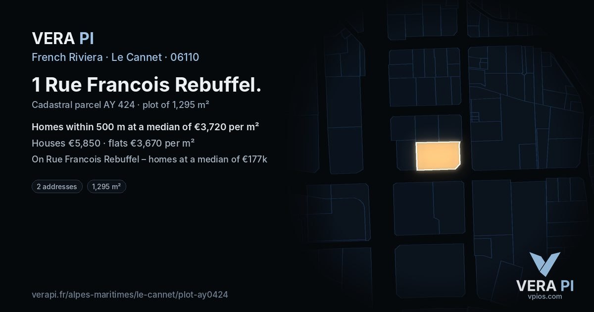 1 Rue Francois Rebuffel, Le Cannet at night – the plot lit, the parcels around coloured by the prices near them