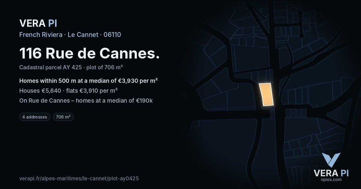 116 Rue de Cannes, Le Cannet at night – the plot lit, the parcels around coloured by the prices near them