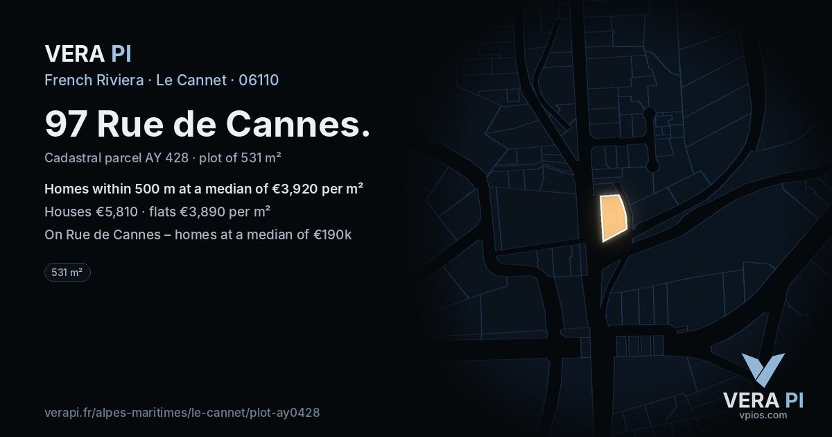 97 Rue de Cannes, Le Cannet at night – the plot lit, the parcels around coloured by the prices near them