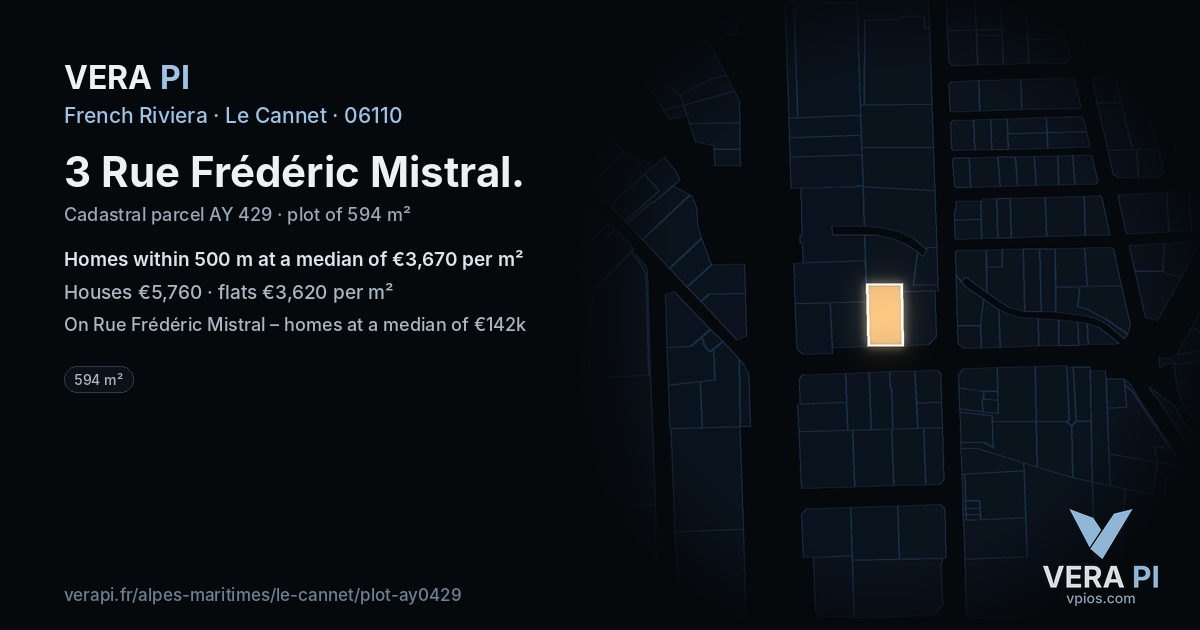 3 Rue Frédéric Mistral, Le Cannet at night – the plot lit, the parcels around coloured by the prices near them