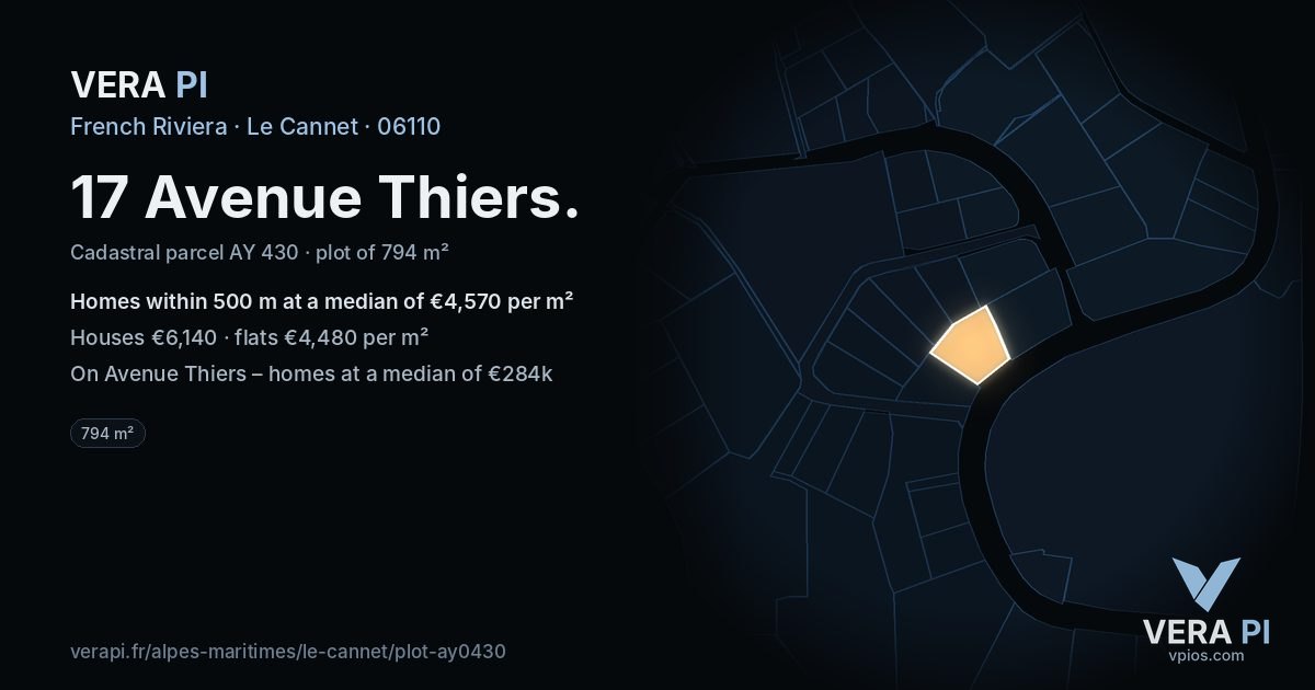 17 Avenue Thiers, Le Cannet at night – the plot lit, the parcels around coloured by the prices near them
