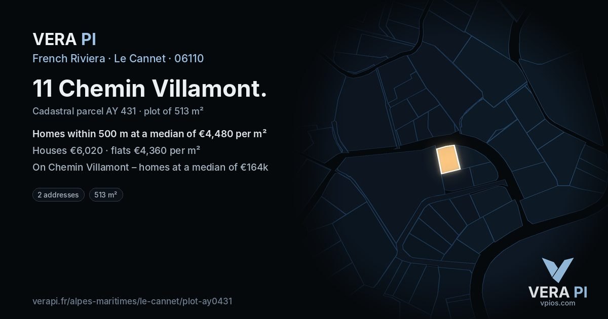 11 Chemin Villamont, Le Cannet at night – the plot lit, the parcels around coloured by the prices near them